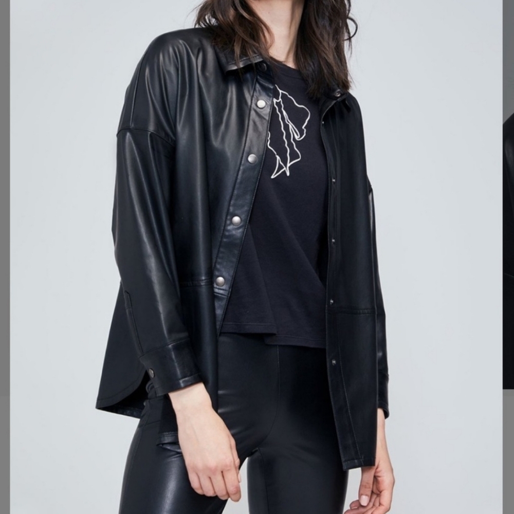 New WILDFOX BlackFaux Leather Button-Up Jacket Size S